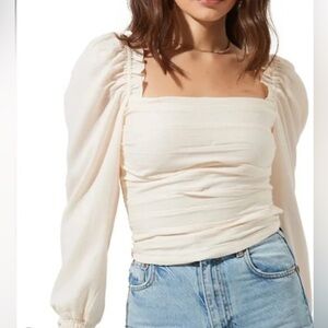 ASTR The Label Rouched Bodice Square Neckline Puff Long Sleeve Top Size M NWT